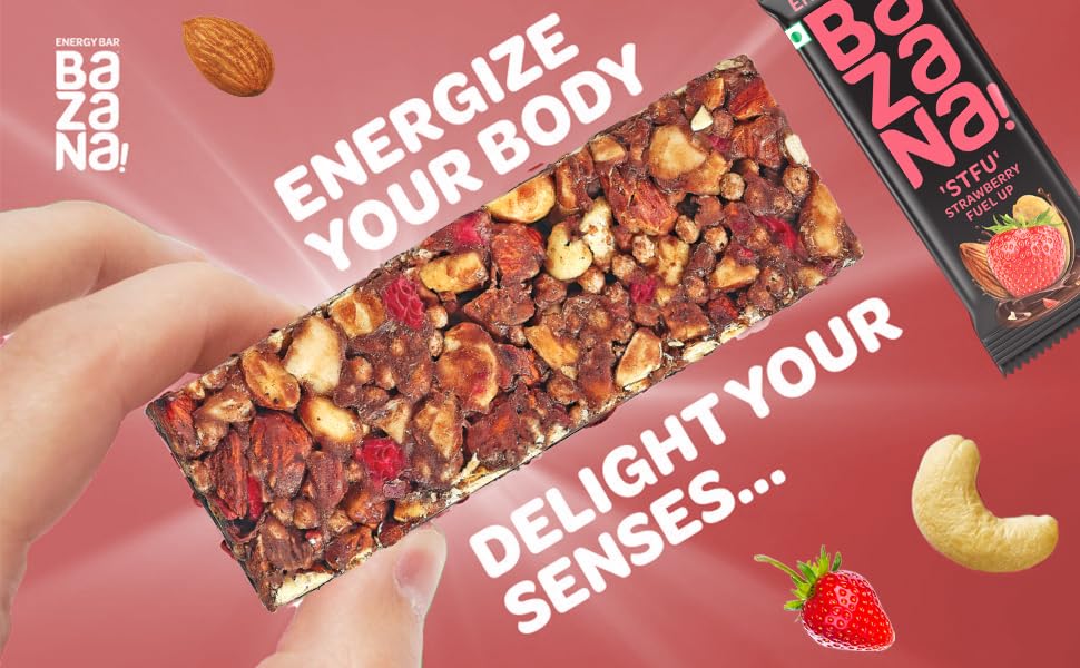 Bazana Strawberry Energy Bars | Pack of 12 (38g Each) | Bursting with Real Strawberry Flavor, Organic, Healthy & Delicious Snack for Natural Energy - Image 4 thumbnail