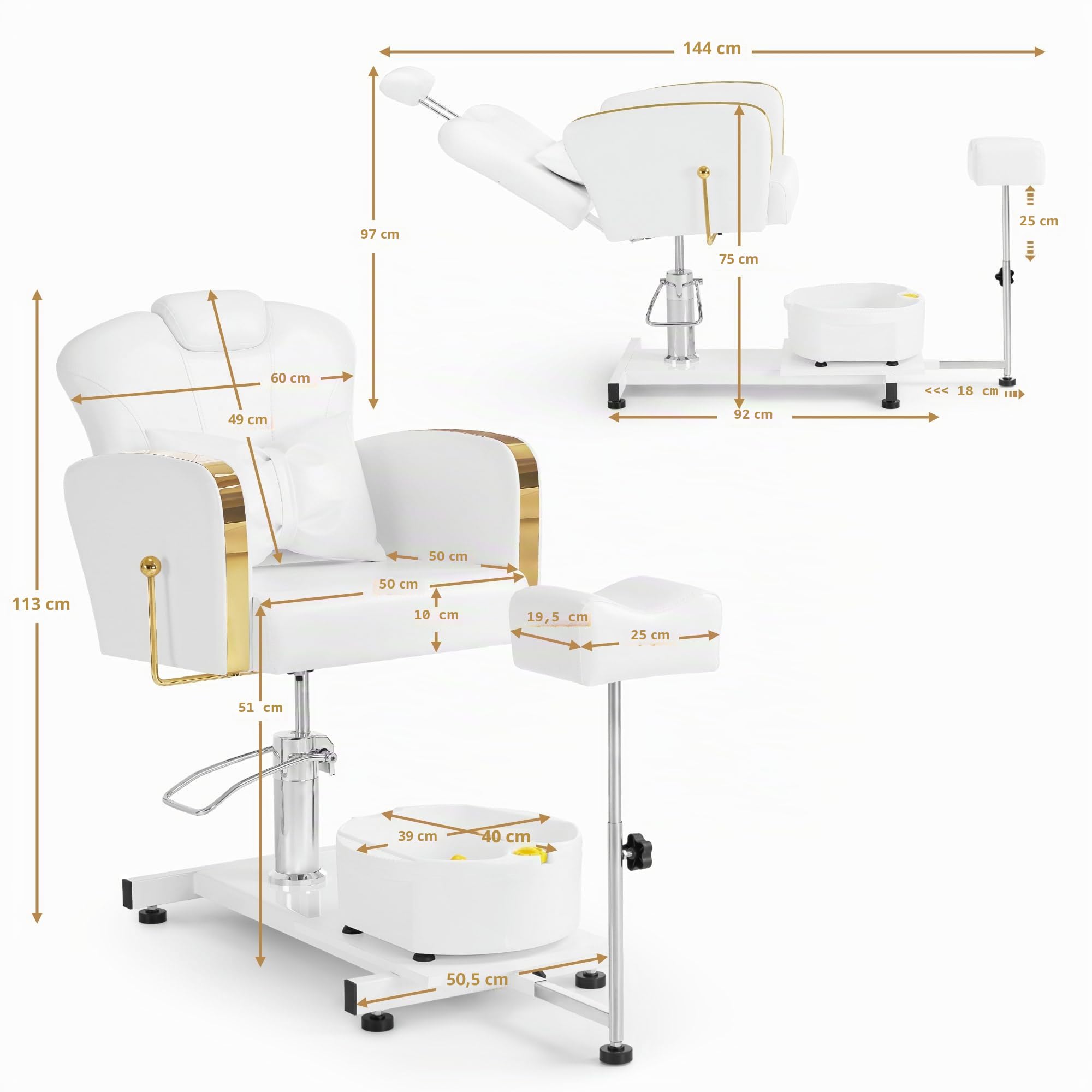 Barberpub Sedia da pedicure con vasca e sgabello, sedia da parrucchiere regolabile e inclinabile, per salone unghie retro F0371 (Oro-Bianco)