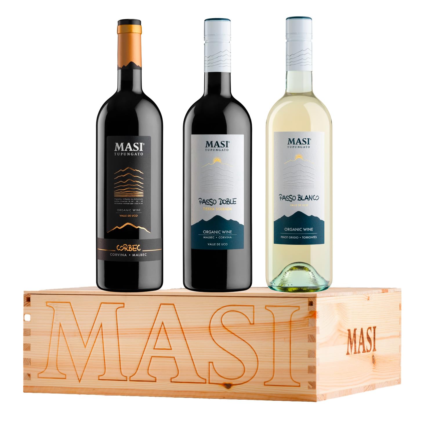 Confezione esclusiva "Masi Tupungato" | CORBEC 2019 Rosso di Argentina BIO, PASSO DOBLE 2021 Rosso di Argentina BIO, PASSO BLANCO 2023 Bianco di Argentina BIO | 3x750 ml | Confezione in legno