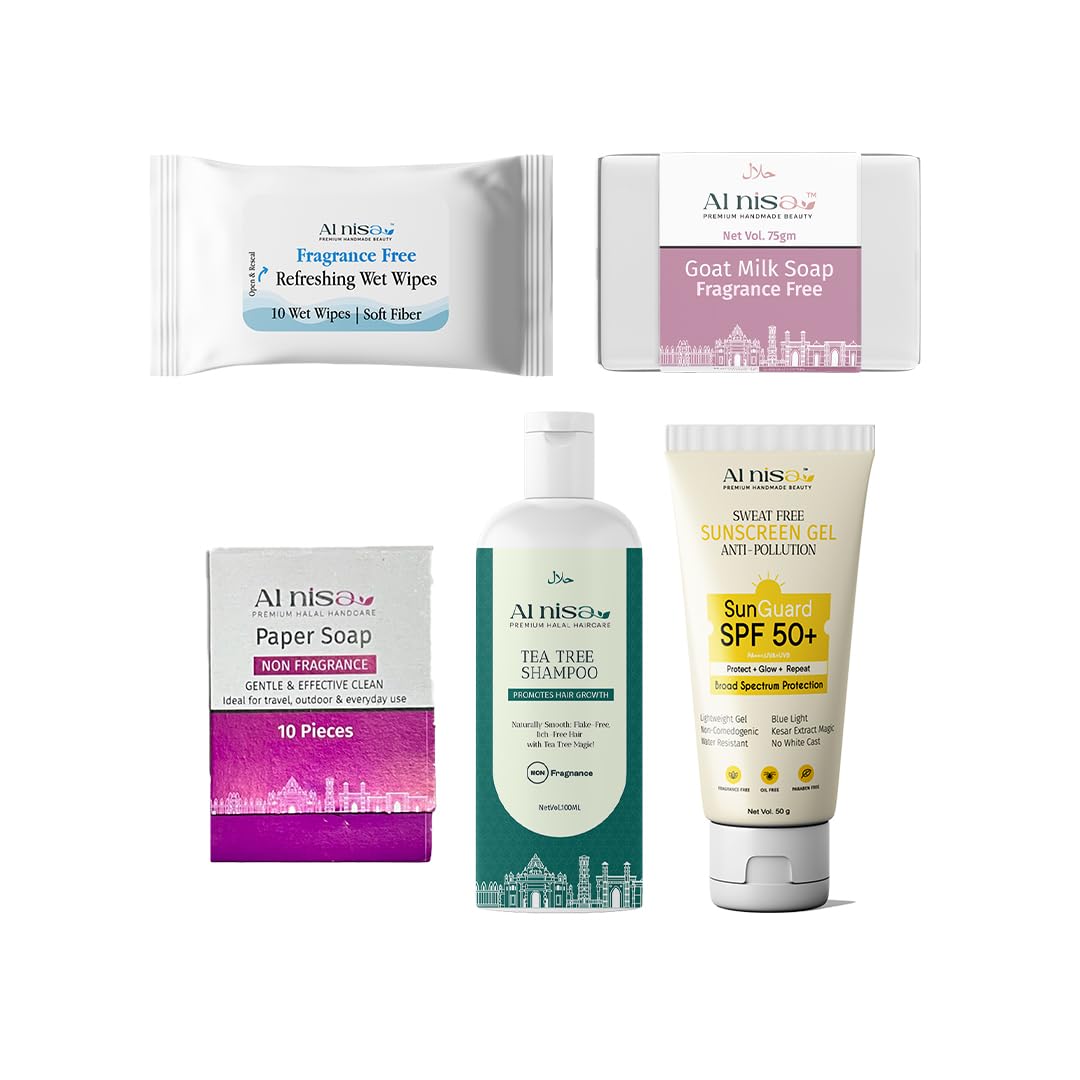 Hajj/Umrah Fragrance Free Kit, Tea Tree Hair Shampoo 100ml, SPF50+ Sunscreen Gel 50gm, Handmade Milk Soap 100gm, Wet Wipes 10 Pieces (100ml)-image-49
