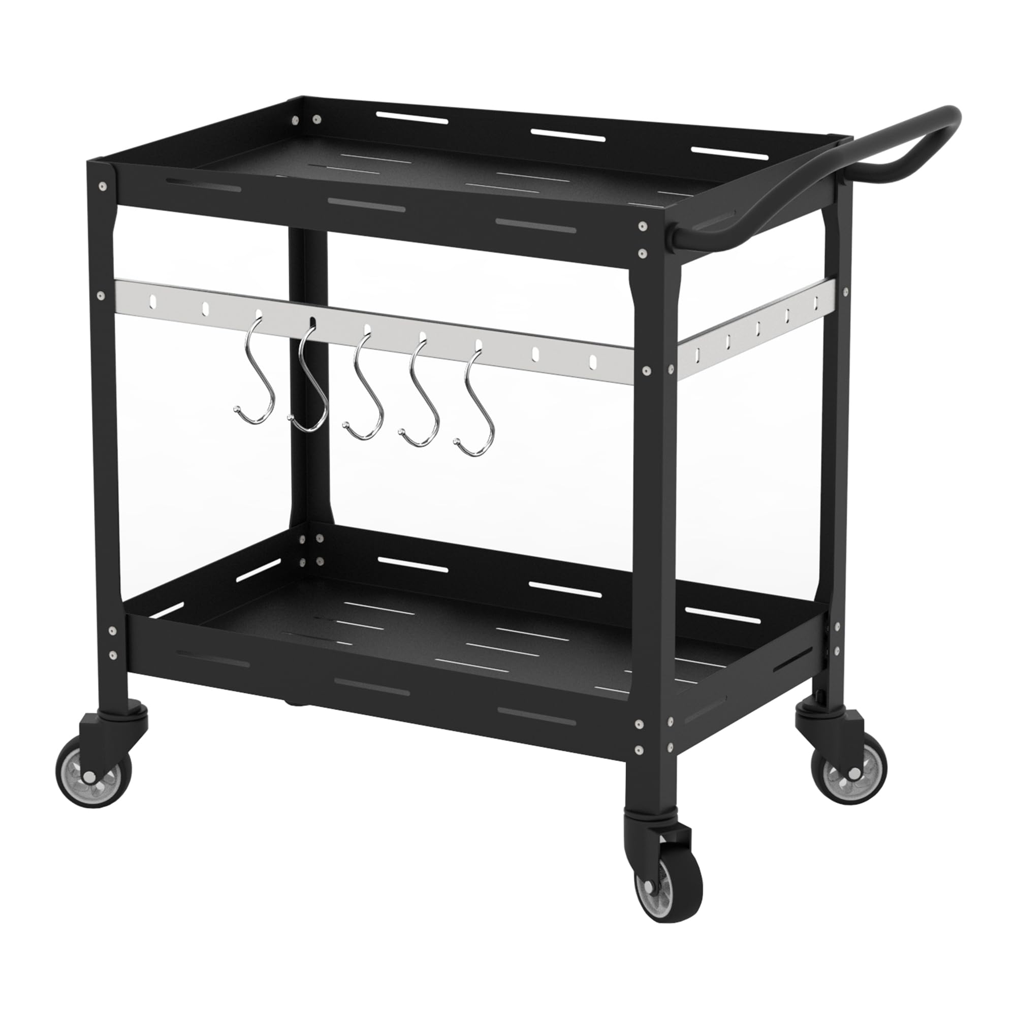 casa.pro Outdoor Servierwagen Bard Garten Rollwagen mit 2 Ablagen Stahl Indoor 72 x 77 x 38 cm Grillwagen mit 5 Haken Rollen mit Feststellbremsen Schwarz