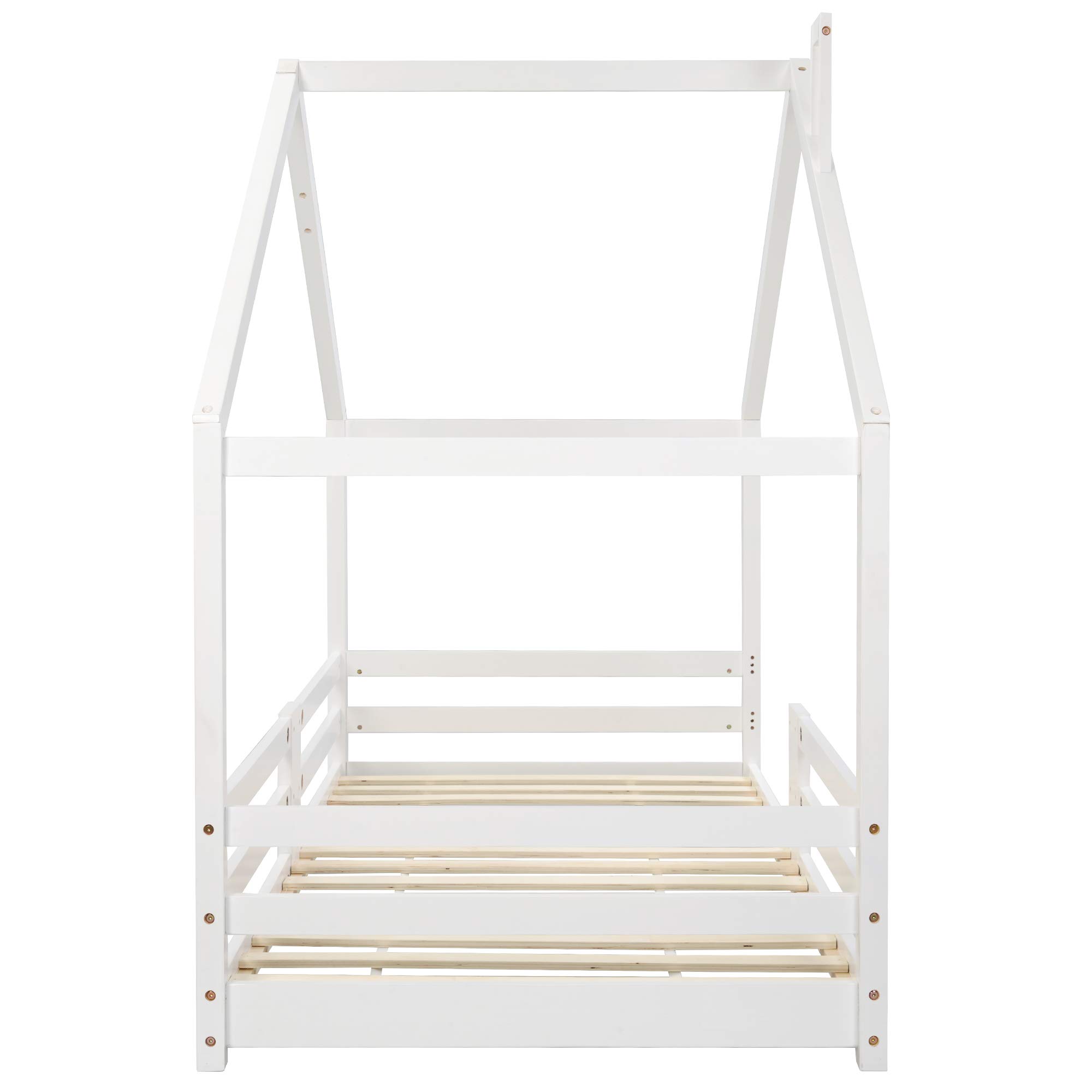 Kayan Kinderbett Hausbett mit Schornstein | Rausfallschutz| Robuste Lattenroste |Kiefernholz Haus Bett für Kinder, 90 x 200 cm (Weiß)