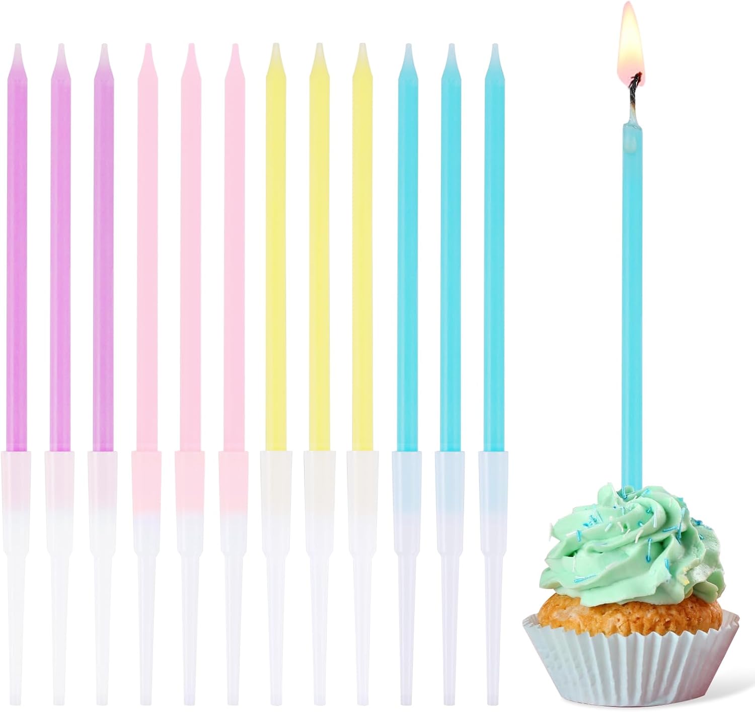 24 Pcs Rainbow Birthday Candles Pastel Cake Candles with Holders Tall