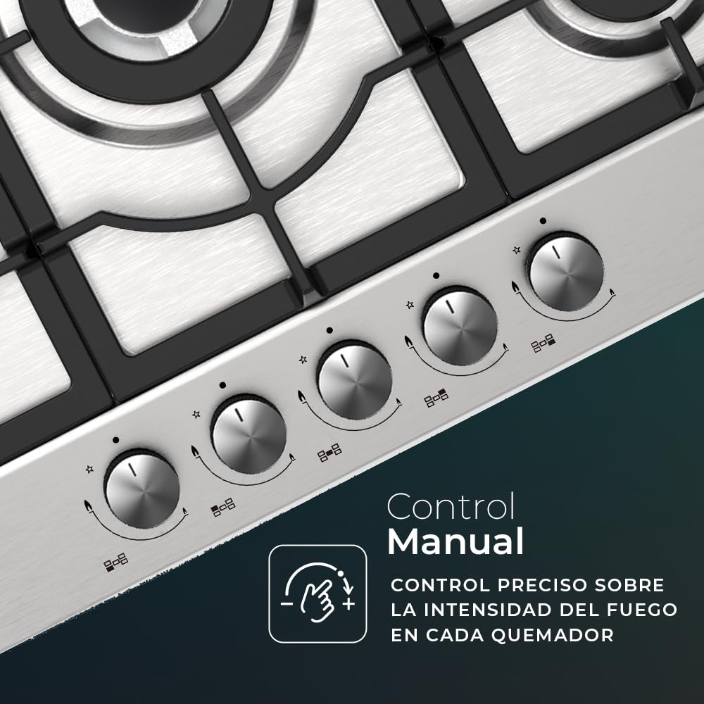 Svan Encimera de Gas Inox SGW57500X. Potencia máx. 4 kW, 5 Quemadores, Quemador WOK triple llama, sistema Ignición Automática, Parrillas Forjadas, Kit Conversión Gas Natural