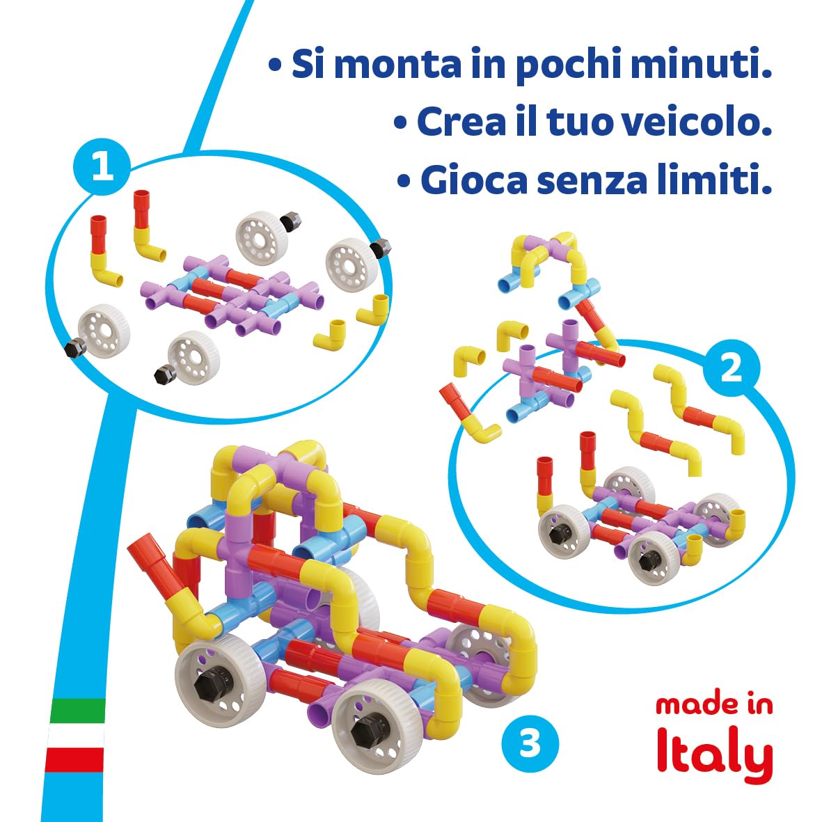 Quercetti Tubation Wheels 68 Pezzi, Giochi Bambini 3 Anni, Costruzioni per Bambini 3 Anni con Tubi Colorati e Ruote, Giochi Educativi e Giochi Creativi, Giochi per Bambini, Made in Italy