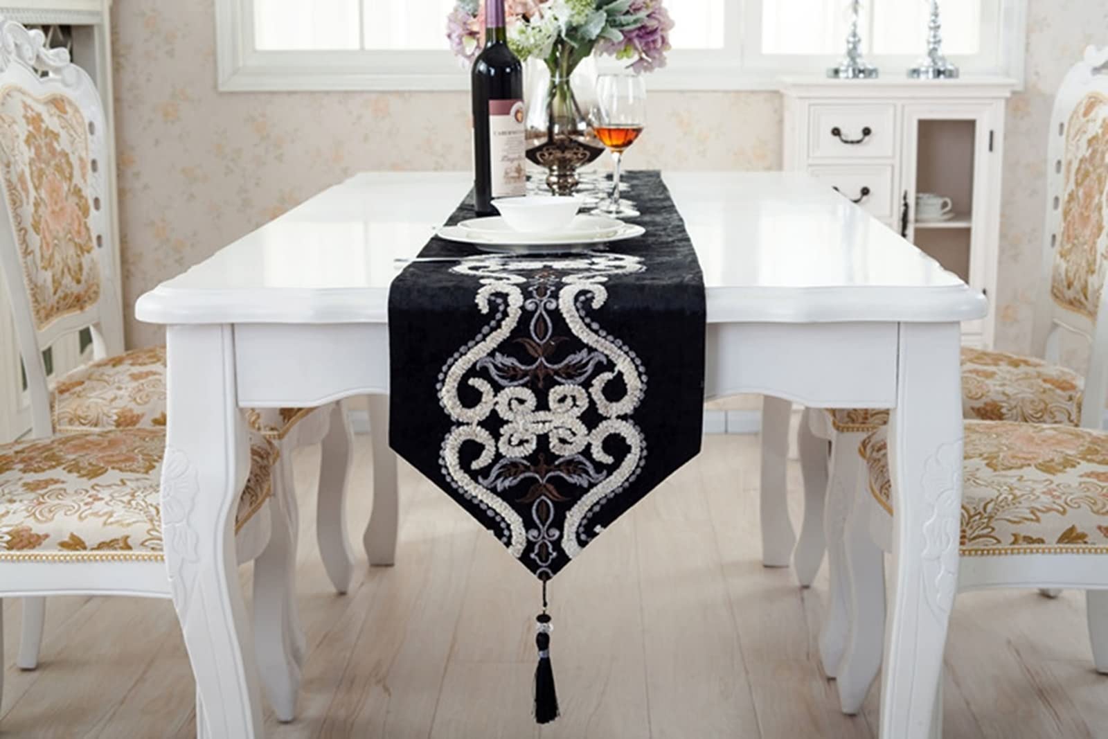 Runner da tavolo, piccolo, nero, runner da tavola natalizio, con nappe, 33 x 160 cm, decorazione da tavolo natalizia