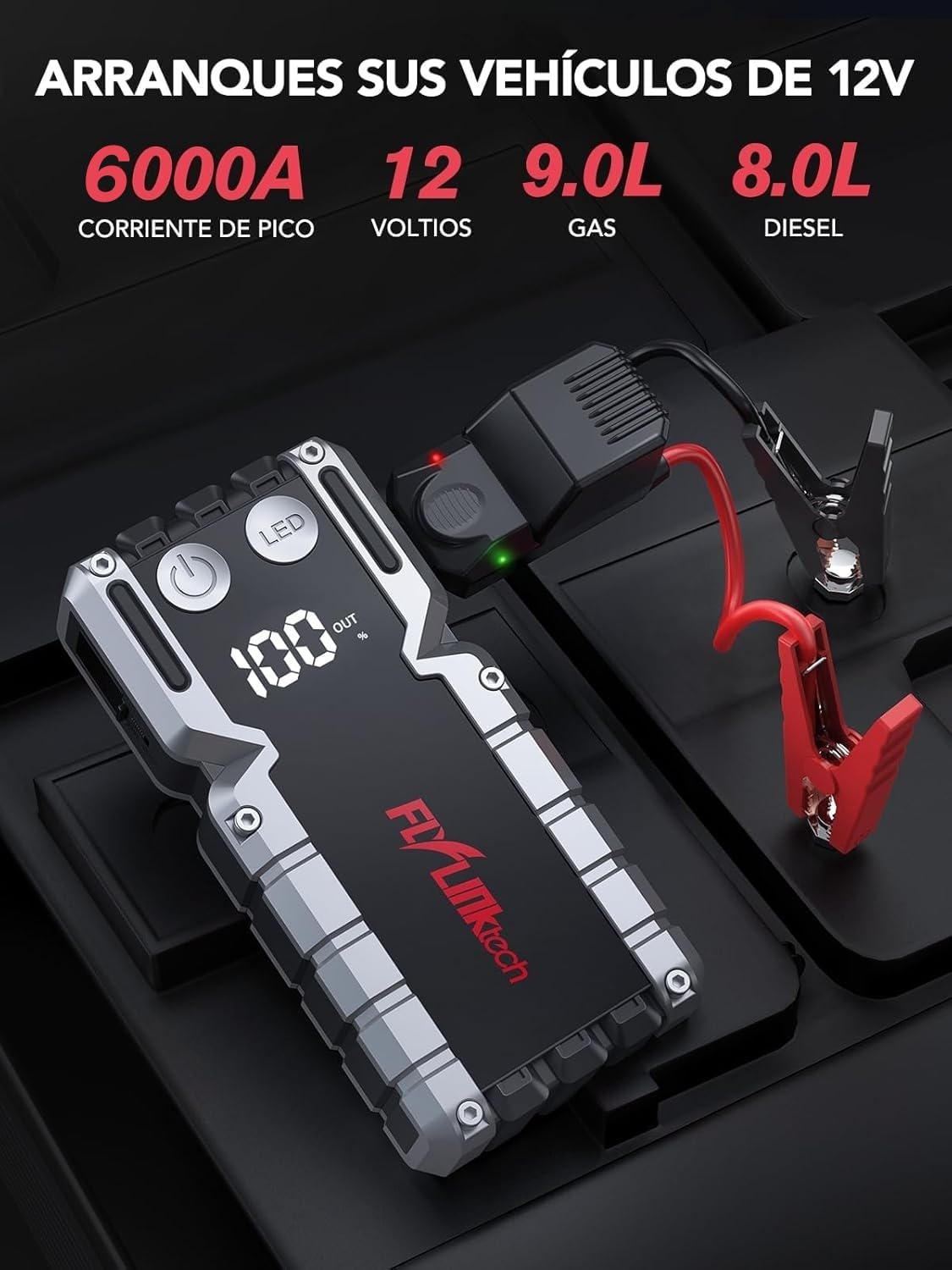 Arrancador de Coches, FLYLINKTECH 6000A 12V Arrancador de Baterias de Coche, para 9.0L Gas o 8.0L Diesel con Pantalla LCD, Linterna LED