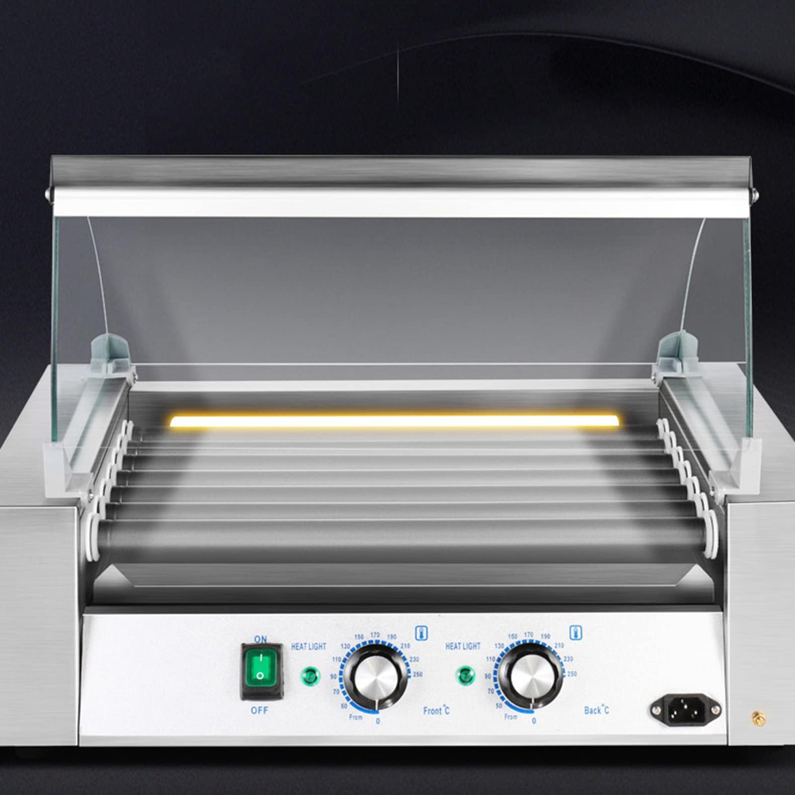 Máquina de rodillos para perros calientes, perritos calientes cocinados, parrilla de salchichas doméstica comercial, bandeja extraíble y cubierta de vidrio