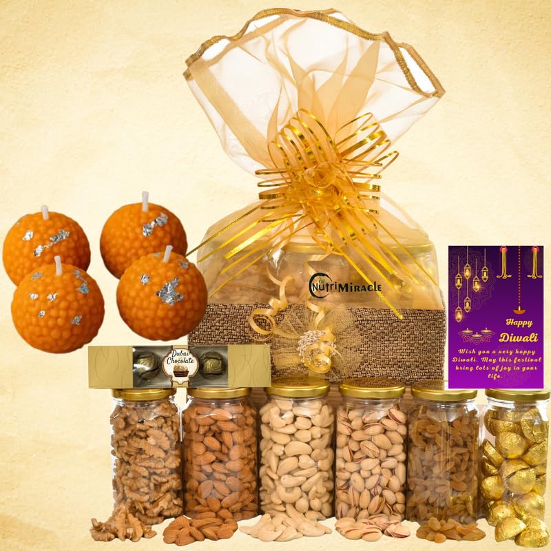 Image of NUTRI MIRACLE Diwali Dubai Chocolates and Dry Fruits, Gift Hamper with Laddu Candles for Employees, Friends