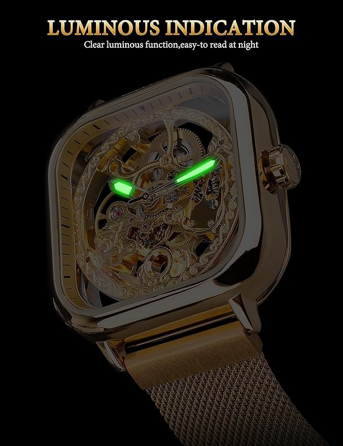 Image of Luxury Automatic Mechanical Watch, Square Skeleton Dial, Stainless Steel Mesh Band, Self-Winding Movement, Classic