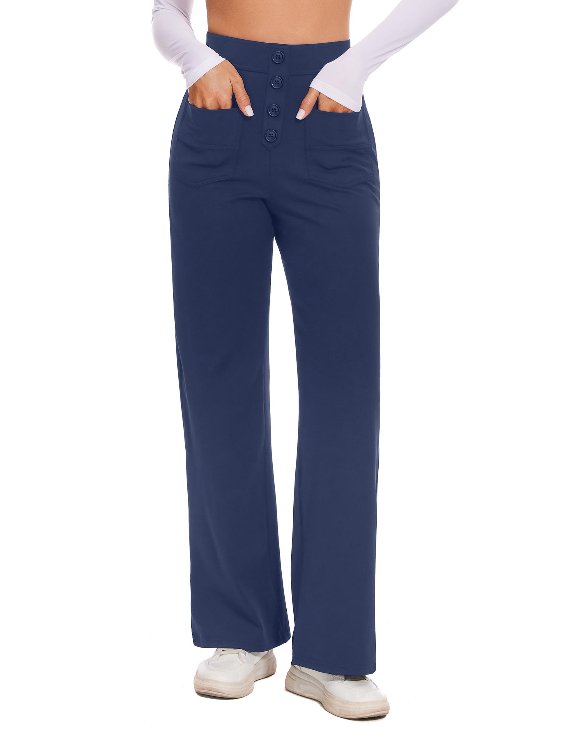 Desol Stoffhose Damen Weites Bein, Hoher Taille Business Hose Damen, Knopfleiste, Dehnbare Palazzo Hose mit Mehreren Taschen