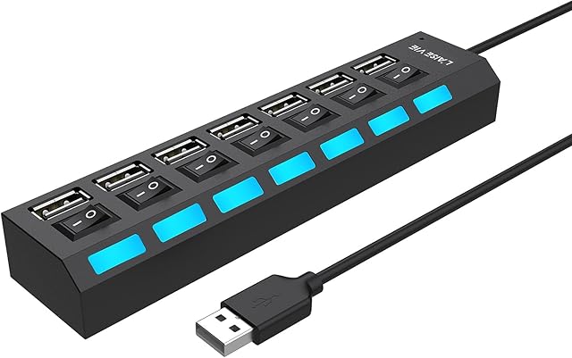 Multi Port USB Splitter, 7 in 1 USB 2.0 Hub with High Speed Individual ON/Off Switches with LEDs USB Hubs