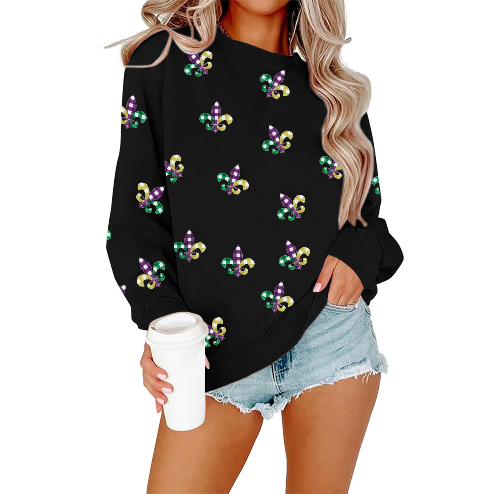 lukycild Mardi Gras Sweatshirt Women Mardi Gras Day Mask T-Shirt Fat Tuesday Carnival Long Sleeve Shirt New Orleans Party Top, Black, Medium-picture-23