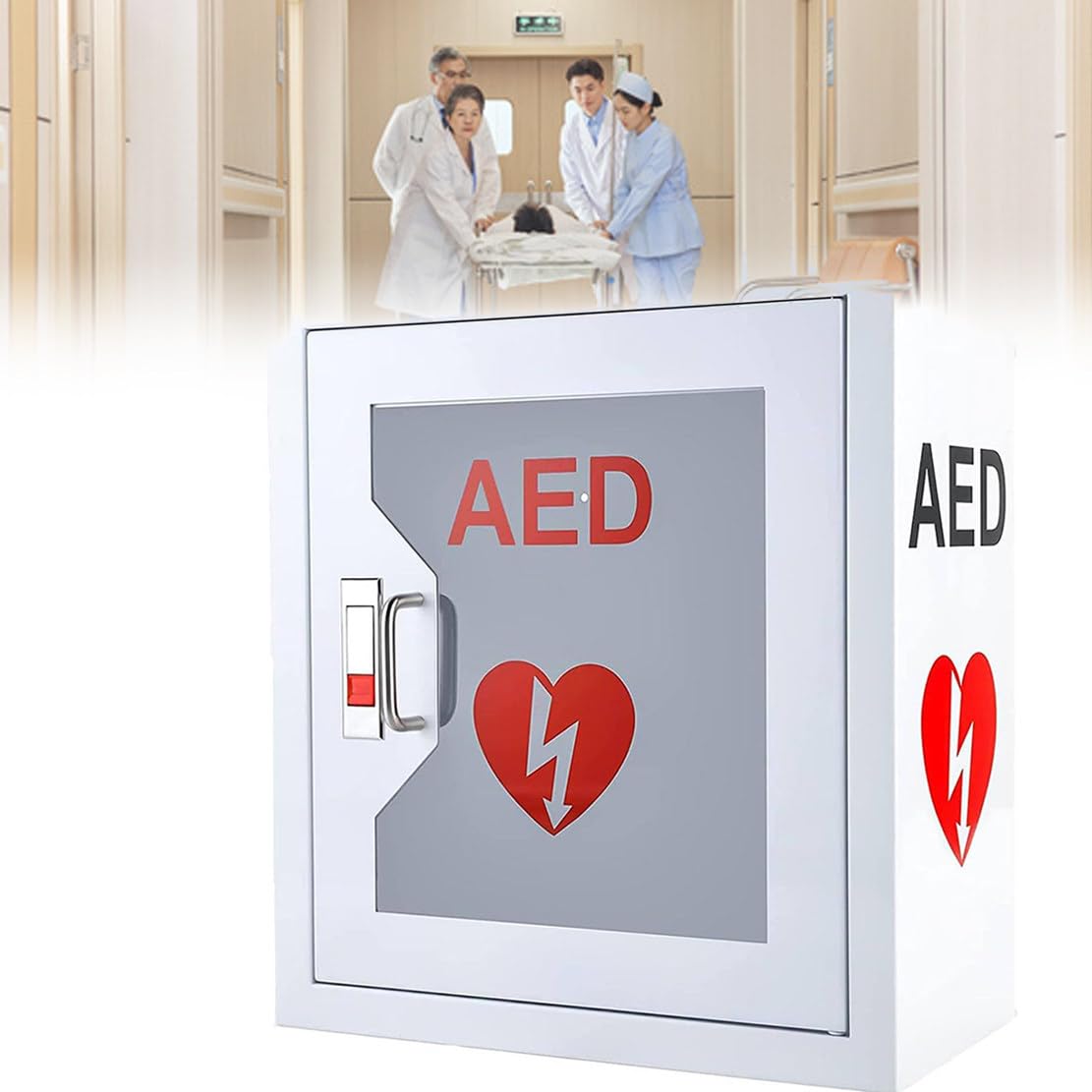 AED - Armario desfibrilador montado en la pared, caja de almacenamiento de acero con cierre a presión, alarma antirrobo, se adapta a todos los DEA