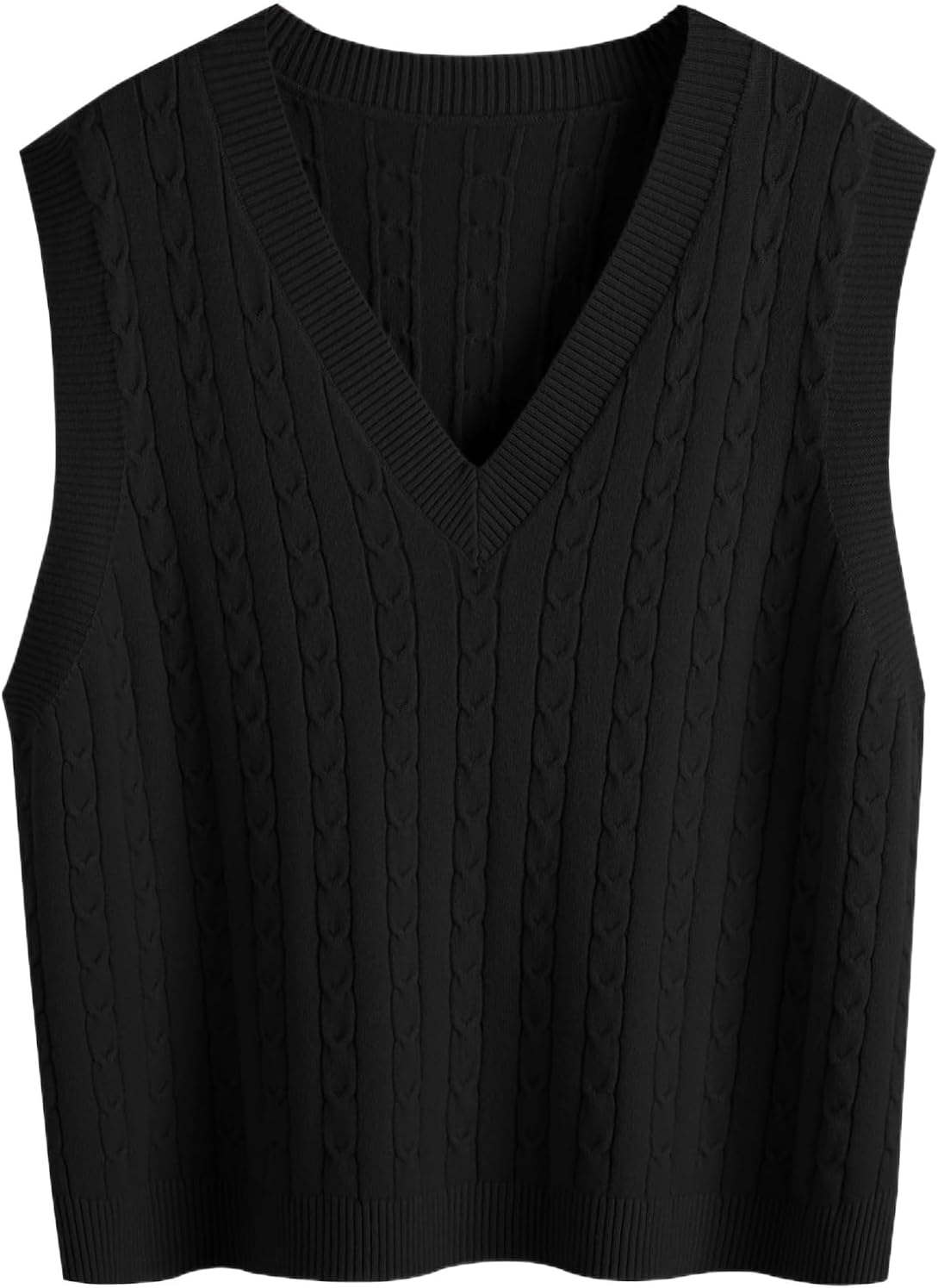 Women's V Neck Sweater Vest Chunky Cable Knit Sleeveless Pullover Preppy Ribbed Tank Top for Spring Fall Layering