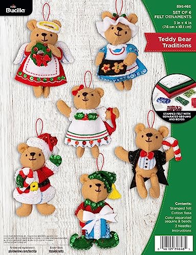 Bucilla Felt Applique 6 Piece Ornament Making Kit, Teddy Bear Traditions, Perfect for DIY Arts and Crafts, 89646E