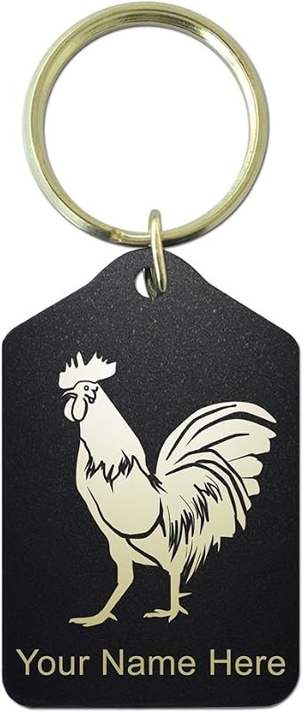 Keychain, Rooster, Personalized Engraving Included Black Metal