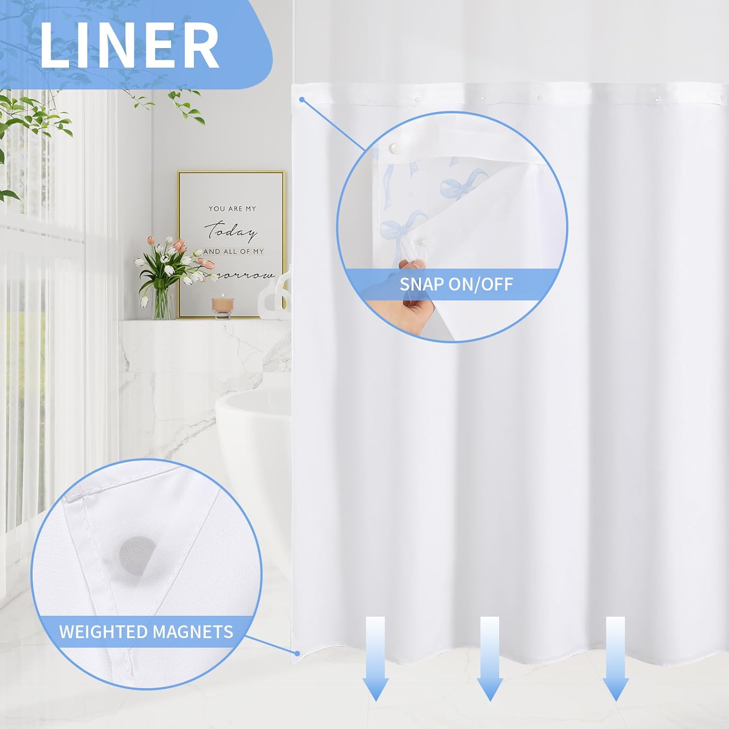 Litabel No Hook Navy Blue and White Cute Bows Shower Curtain and Liner Set, Modern Fabric Girly Shower Curtain with Snap in Liner, Chic Elegant Girls Fashion Pretty Sweet Bows, 72 x 74
