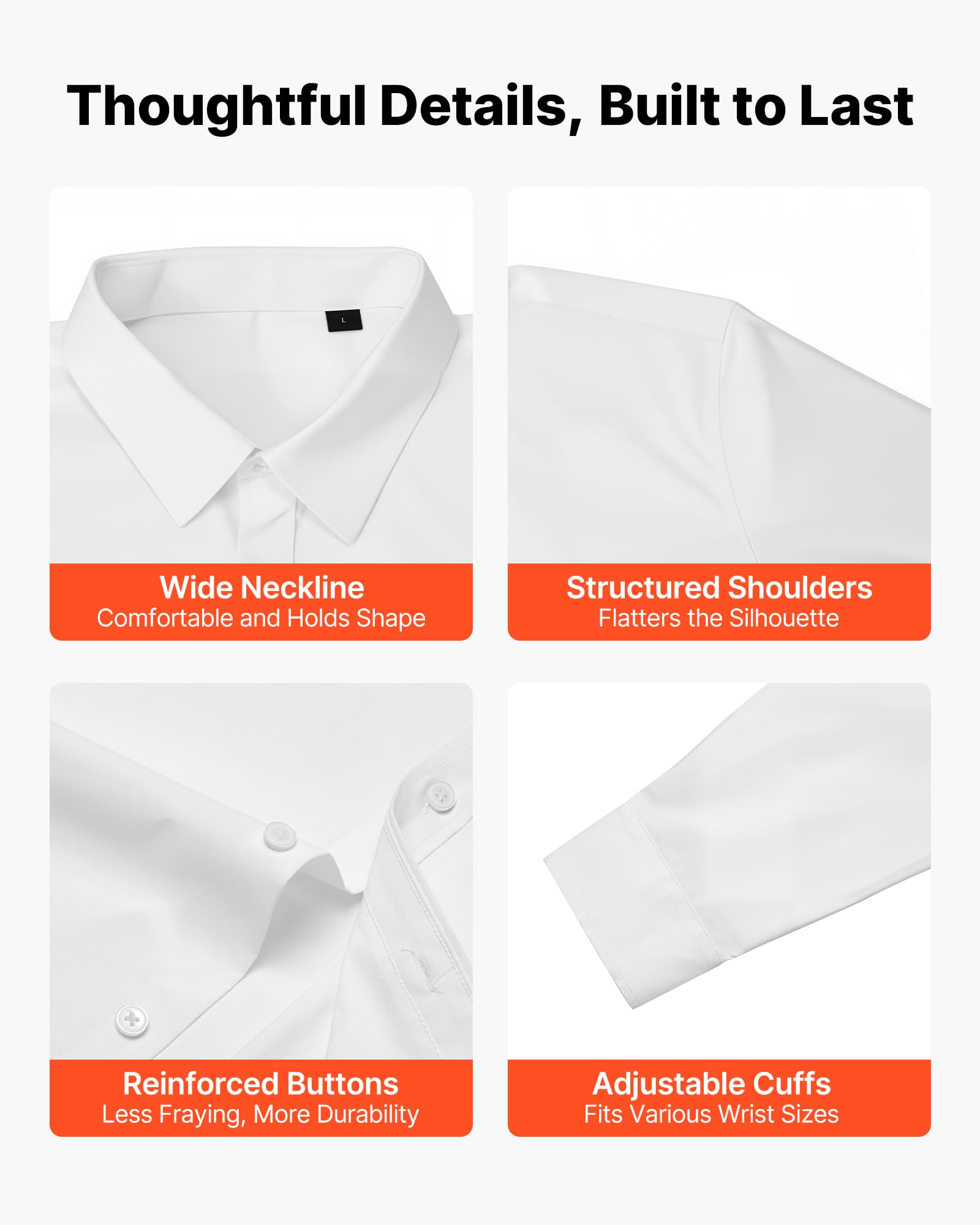 VEVOR Chemise Boutonnée Homme Manches Longues Infroissable, Coupe Ajustée, Tissu Respirant Extensible Doux, Style Décontracté ou Formel, pour Voyage d'Affaire, Travail, Mariage, Dîner, Blanc, Taille L