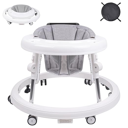 Baby Walker, Foldable 9-Gear Height Adjustable Baby Walker with Wheels, Infant Toddler Walker with Foot Pads, Anti-Fall Baby Walkers and Activity Center Bouncer Combo for Boys and Girls 6-24 Months…