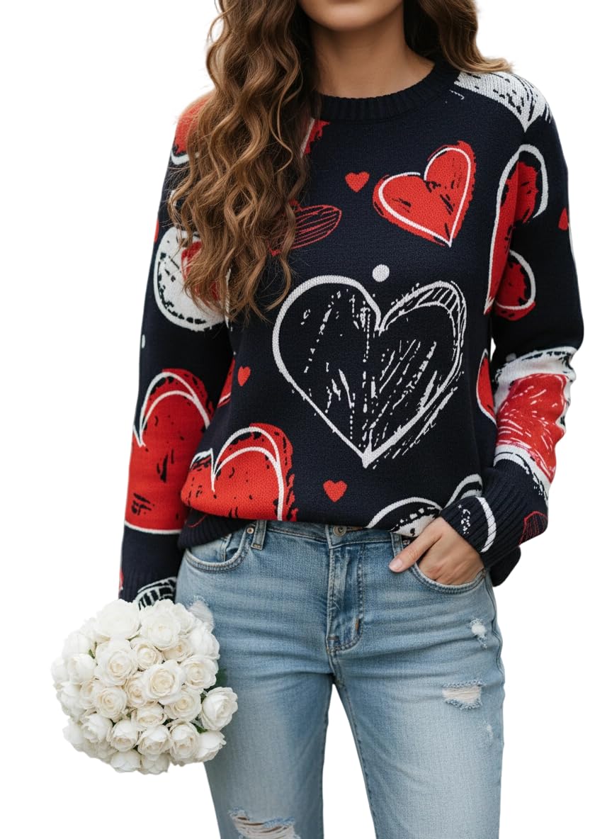 Womens Fall Winter Soft Warm Oversized Floral Print Crewneck Sweater Casual Fashion Long Sleeve Cozy Knit Pullover