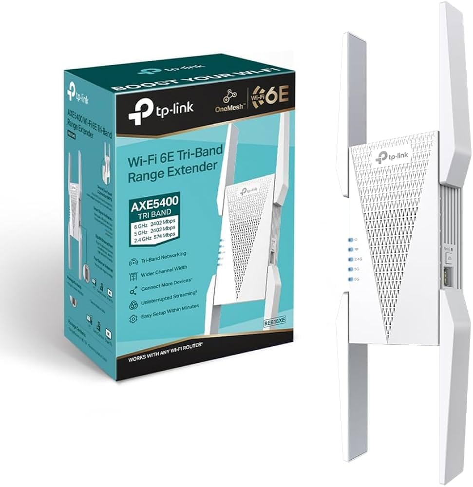 TP-Link AXE5400 wzmacniacz sygnału Wi-Fi 6E do domu (RE815XE) – trójpasmowy wzmacniacz WiFi, przedłużacz internetowy z portem Gigabit Ethernet, pasmo 6 GHz, konfiguracja aplikacji