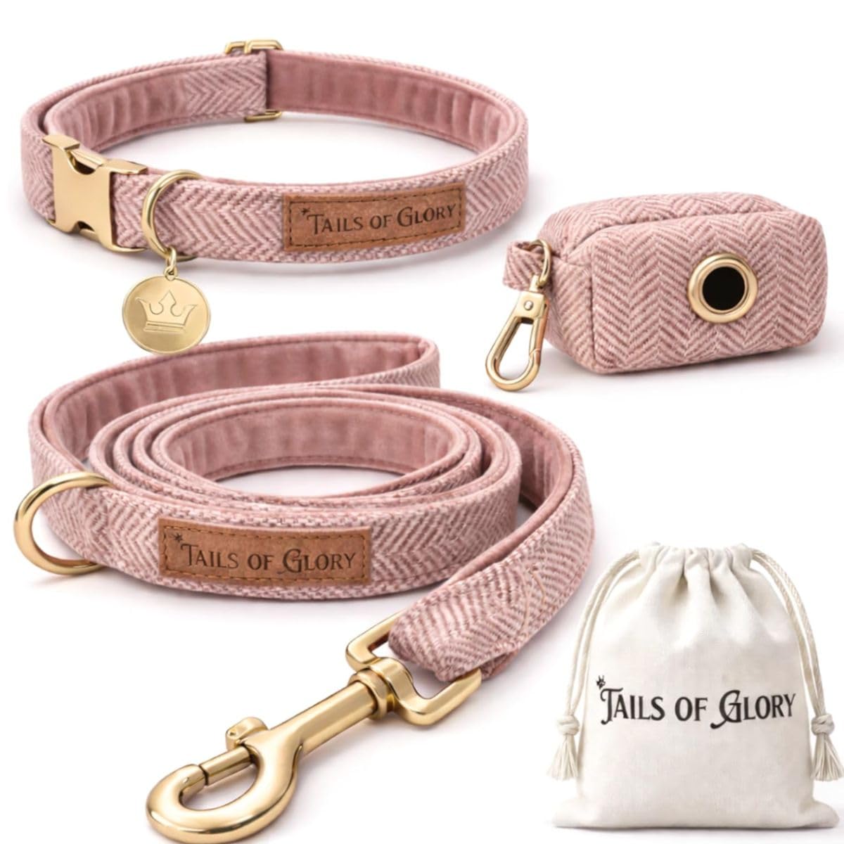 Set Lusso per Passeggiate con il Cane 3 Pezzi – Collare Regolabile, Guinzaglio 150 cm, Portasacchetti – Tweed Inglese e Velluto Morbido – Elegante, Confortevole e Pratico – 3 Colori