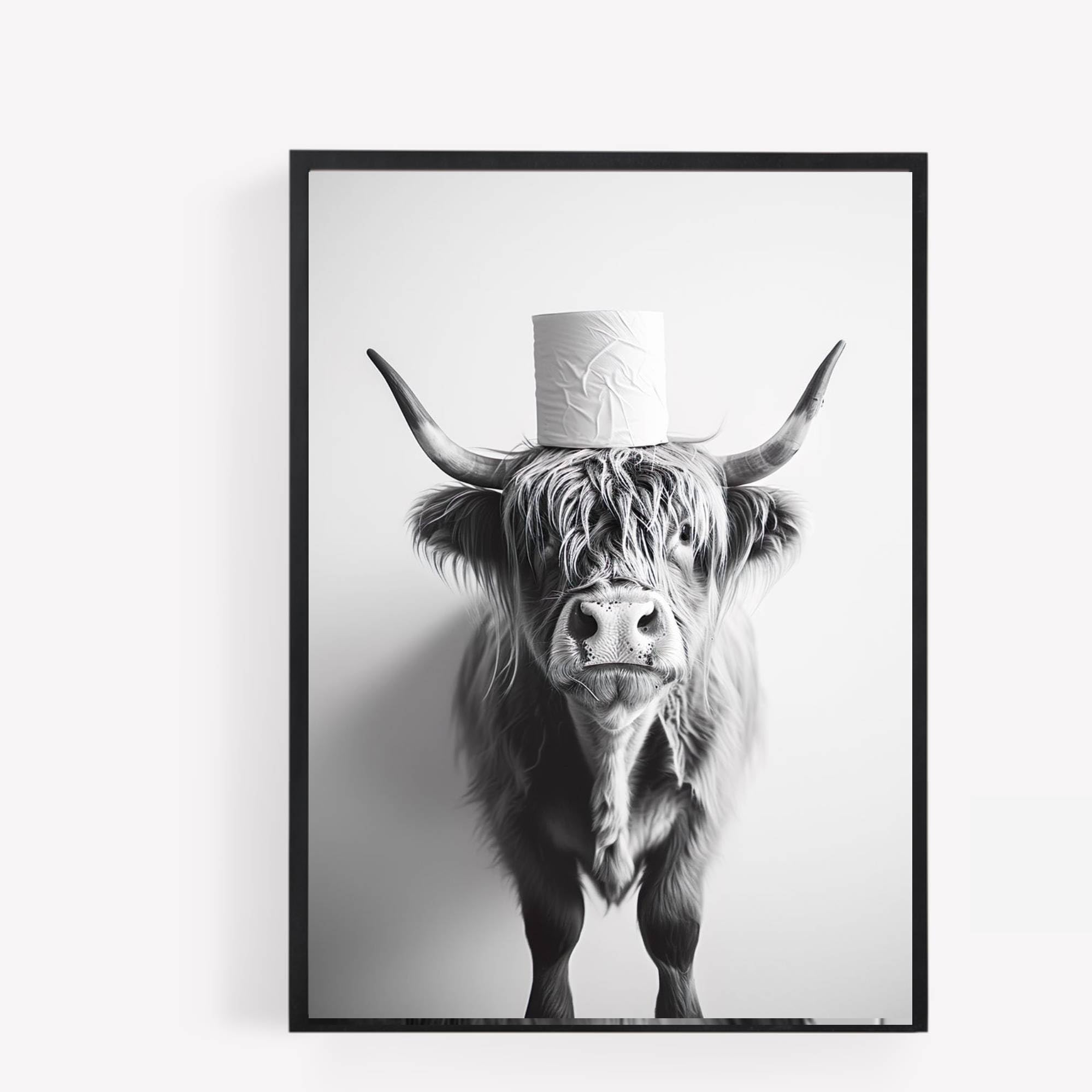 gfc highland cow with toilet roll on head Funny Bathroom Toilet animal Print Picture Poster A4 UNFRAMED wall art Home decor Decorating