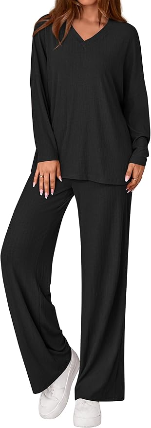 PRETTYGARDEN 2 Piece Lounge Sets for Women Fall Outfits 2025 Casual Loose Long Sleeve Tops Wide Leg Pants Matching Pajama Set