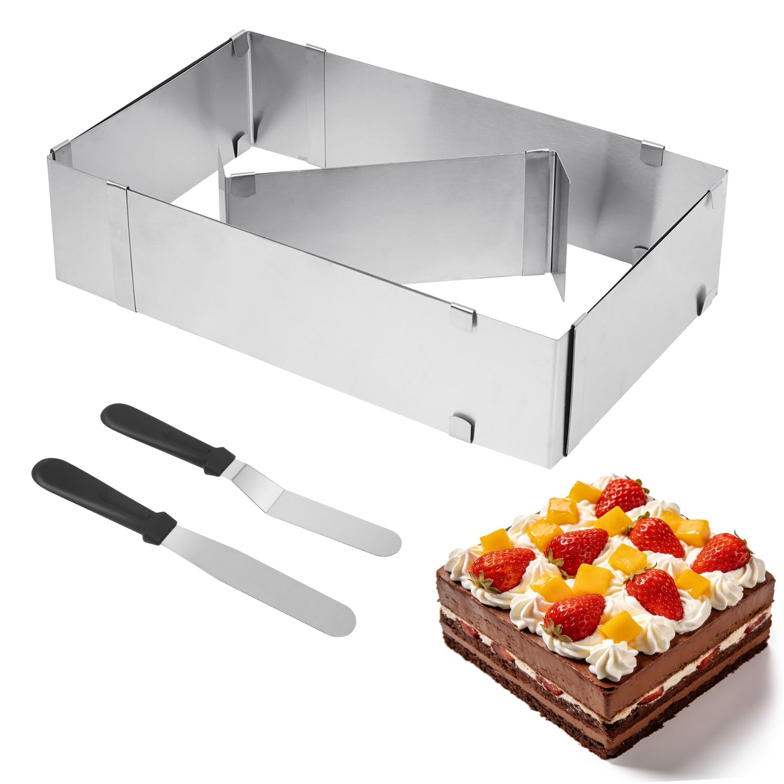 Adjustable Rectangle Cake Ring Set 27.7 x 18 cm Extendable Cake Tin Expandable to 52 x 33 cm Stainless Steel Baking Frame with Divider & 2 Spatulas for Desserts Pies Pizza Baking(8 cm Height)