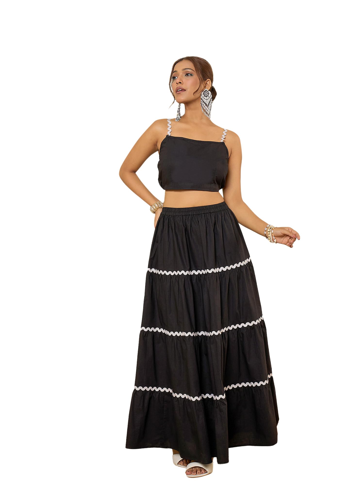 Women Black Cotton Lace Detailing Crop Top with Skirt Co-ord Set