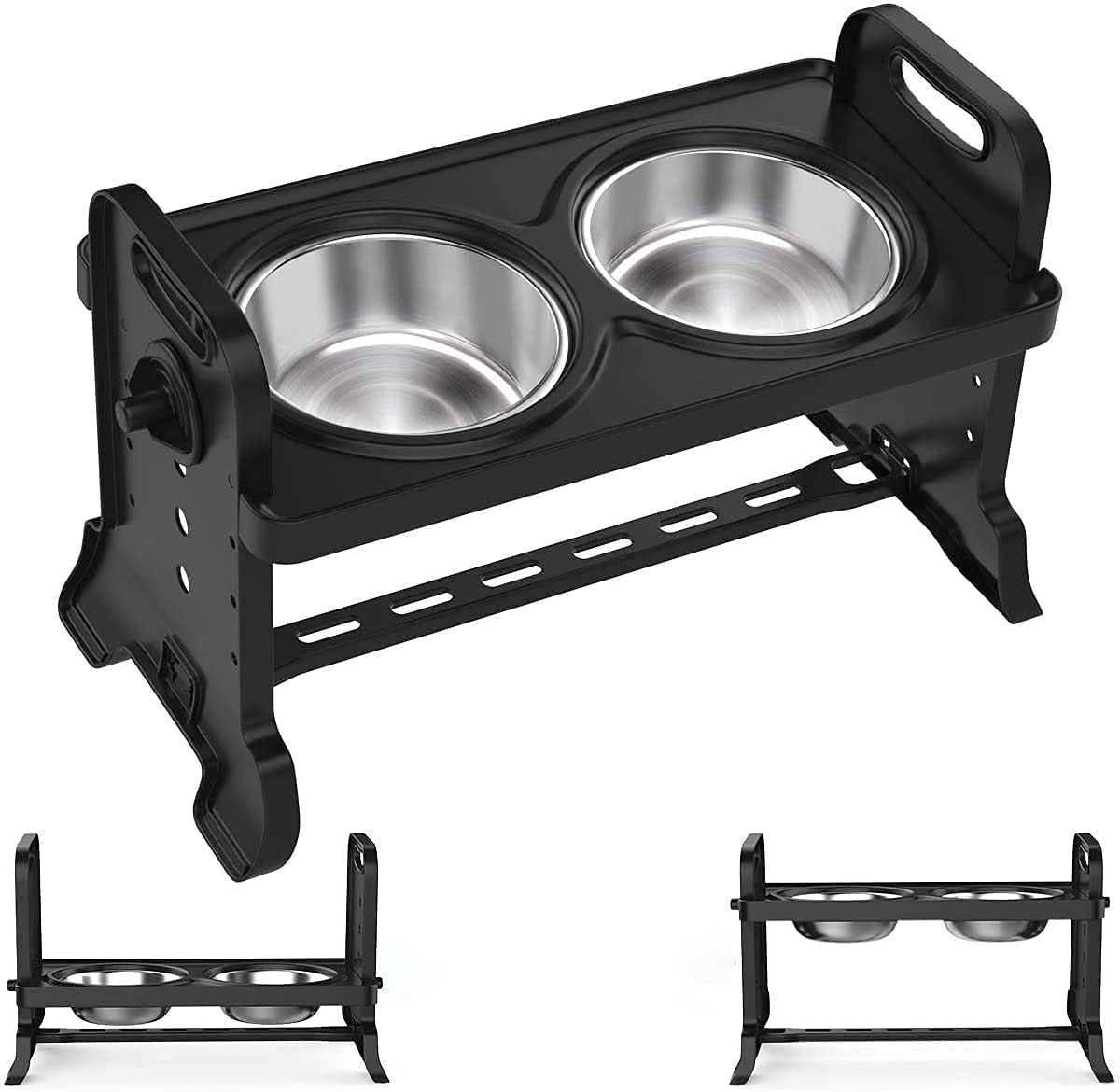 IBINGO Adjustable Elevated Dog Bowls, 4 Adjustable Heights Dog Cat Raised Stand Feeder with Double Stainless Steel Bowls, Detachable Elevated Food & Water Dish for Cats and Small Medium Dogs, Black