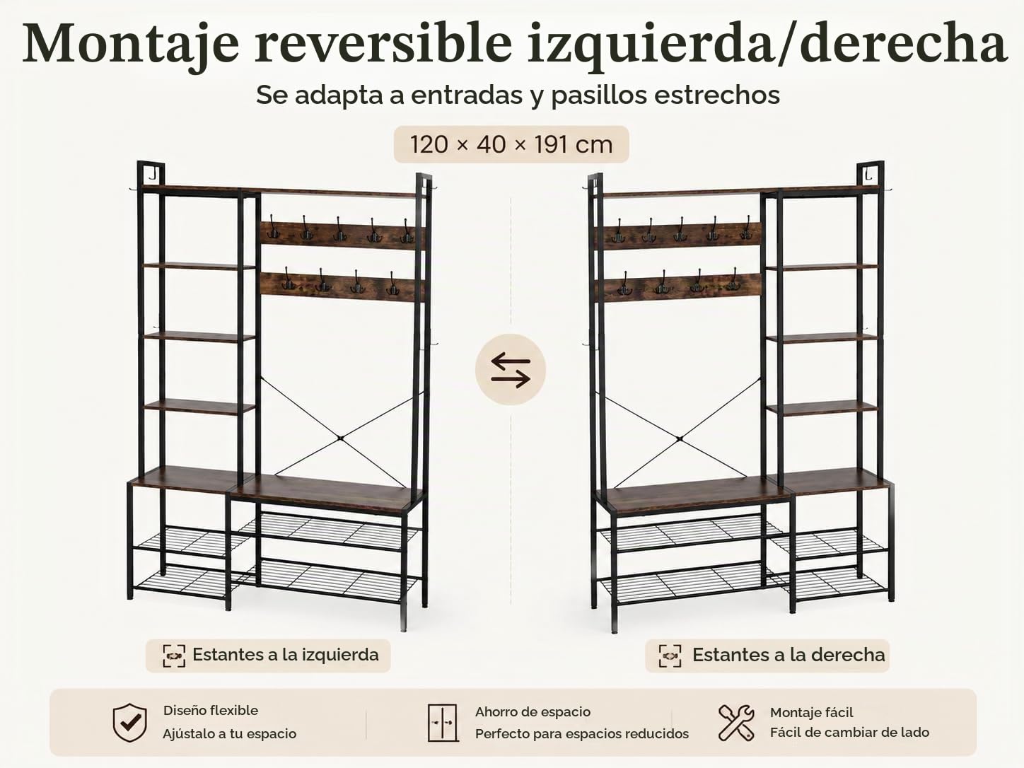 EGGREE Perchero Recibidor con Banco Zapatero,Mueble de Entrada 6 en 1 con Zapatero,5 Estantes de Almacenaje,9 Ganchos Triples,8 Ganchos Laterales,120 x 40 x 190 cm,Marrón Vintage y Negro