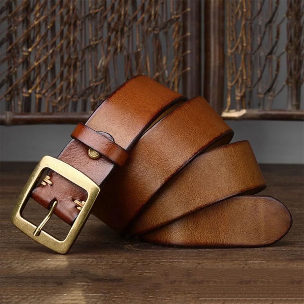 Men Solid Leather Brass Pin Buckle Retro Belt Solid Casual Jeans 3.8cm Wide Belt2