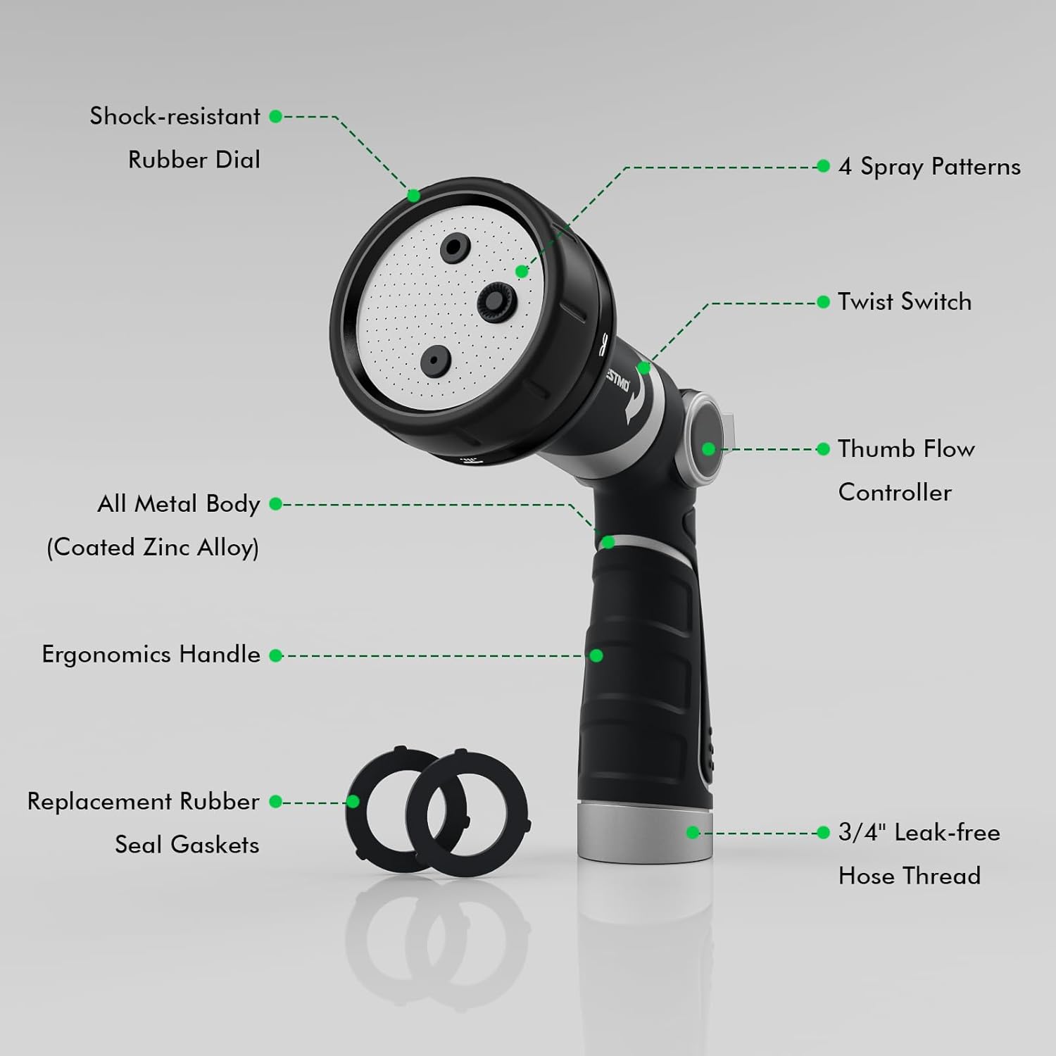 RESTMO Multi-Angle Garden Hose Nozzle with Sprinkler Function, Heavy Duty Water Hose Nozzle with 4 Spray Patterns, Magic Twist and Thumb Flow Control for Garden Watering, Car Washing & Yard, Black