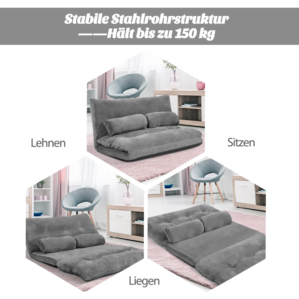 COSTWAY Klappbares Bodensofa, 3 in 1 Schlafsofa mit Schlaffunktion und Verstellbarer Rückenlehne, Sofabett mit 2 Lendenkissen, Klappsofa für Wohnzimmer & Schlafzimmer (Grau)