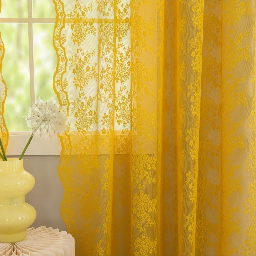 YJ YANJUN Vintage Lace Curtains Boho Sheer Kitchen Curtain Panels 45 inch Length for Window Over Sink Spring Floral Pattern Design Small Short Drapes for Bathroom 2 Panels 52W x 45L