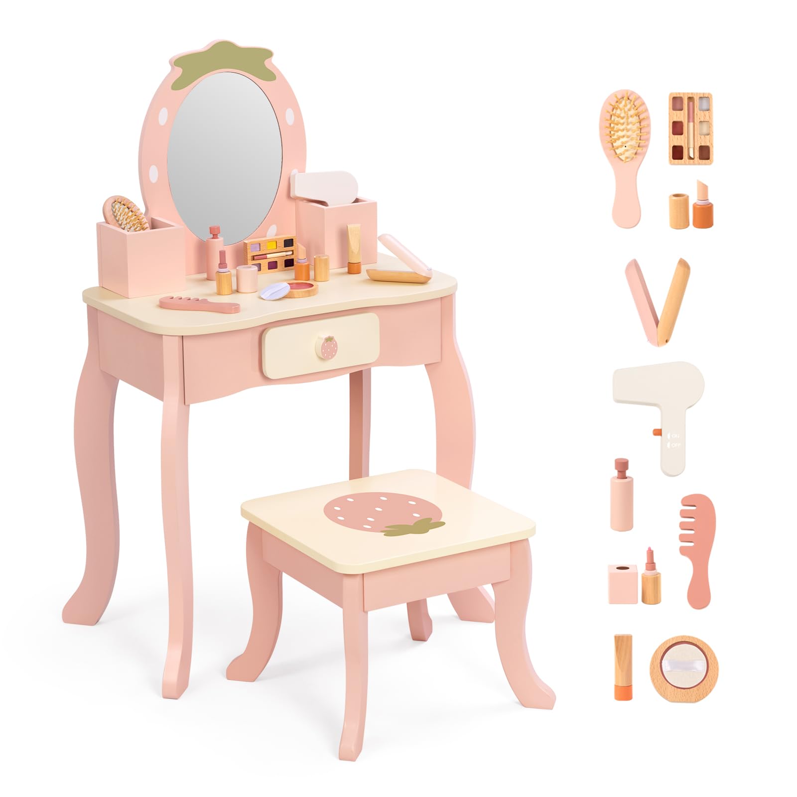 OOOK Schminktisch Kinder Set, Kinder Schminktisch Holz mit Schminkzubehör, Frisiertisch mit Schublade und Hocker, Kinderschminktisch für Mädchen ab 3