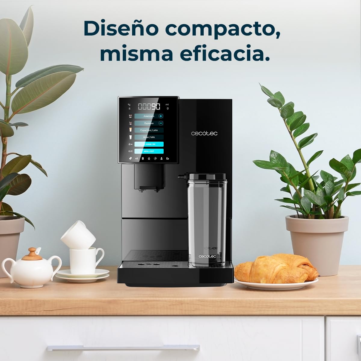 Cecotec Cafetera Superautomática Cremmaet Compactccino Black, 19 Bares, Sistema Thermoblock, Grano recién molido con Plug&Play, Depósito 150gr café con molinillo, 1,1 L agua, 400ml leche