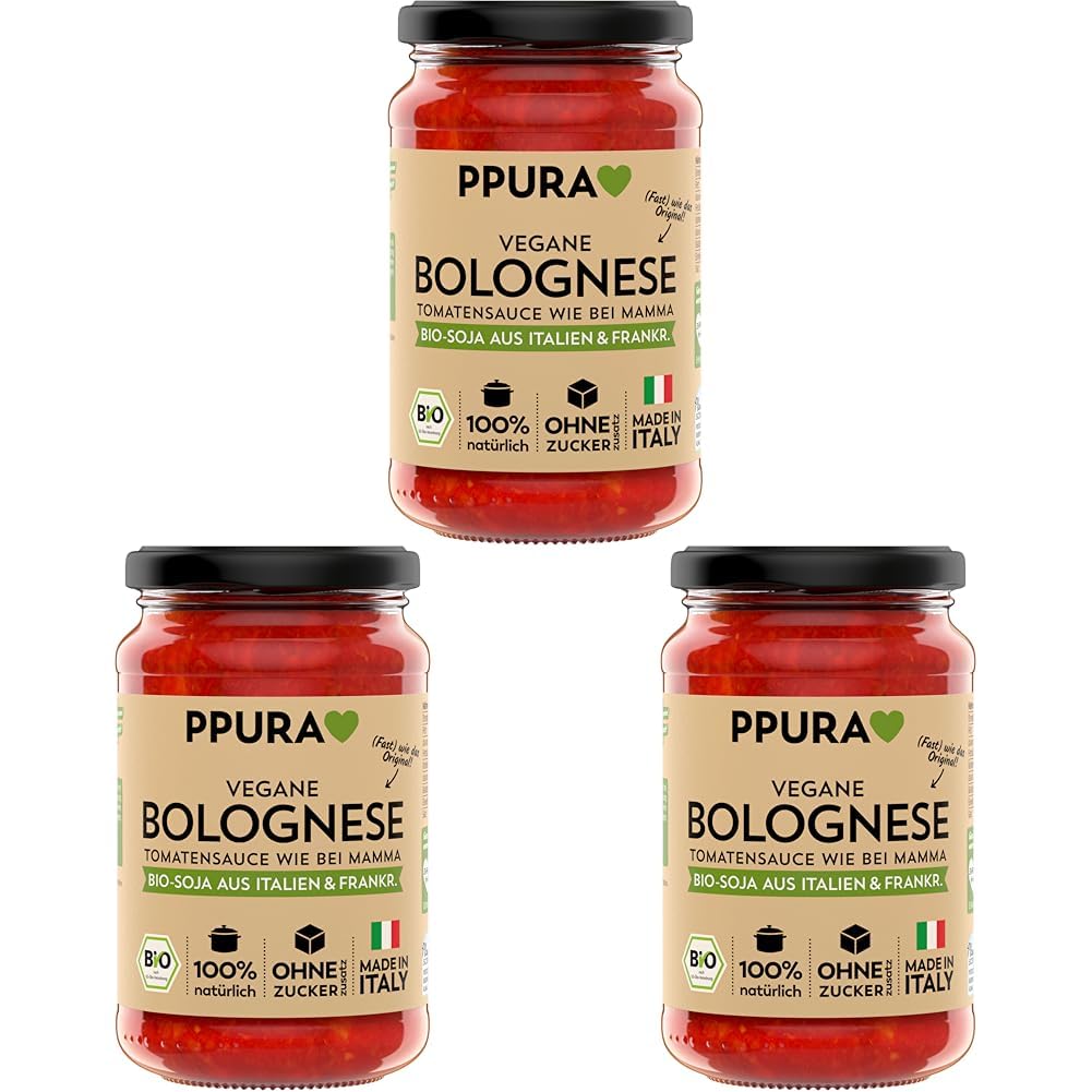 PPURA Bio Tomatensauce Vegane Bolognese | Pasta-Sauce mit Bio-Soja | Sugo Made in Italy | 100% Natürlich | Nudel-Soße Vegan Ohne Zuckerzusatz & Konservierungsstoffe | 340g Glas (Packung mit 3)