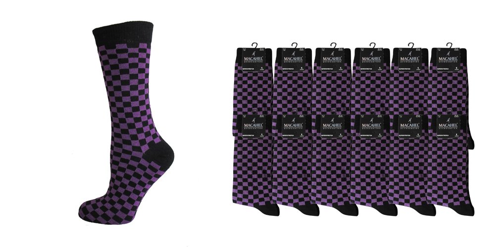 M Macahel Women's Purple Macahel Black And Checked Square Ankle Socks Size 4-7 (Purple)
