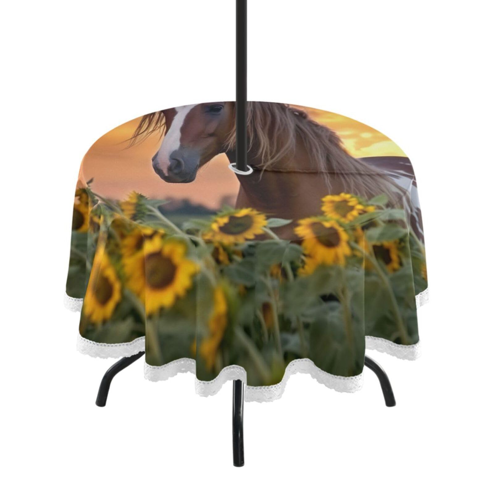 Haskirky 60 Inch Horse Sunflowers Round Picnic Tablecloth Outdoor Waterproof with Zipper Umbrella Hole Polyester Table for Outdoor Party Picnic, B01Z20019
