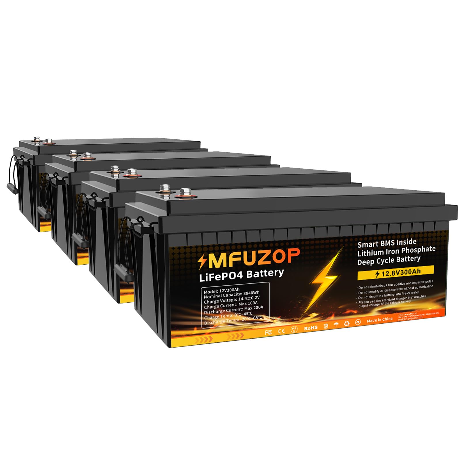 Batterie Lifepo4 12V 300Ah, Batteria al litio BMS 200A incorporato, Max 2560W, 4000-15000 Deep Cycle Batteria Litio 12V, Supporto di potenza in serie/parallelo, perfetto solare, RV (12V300AH-4Pcs)