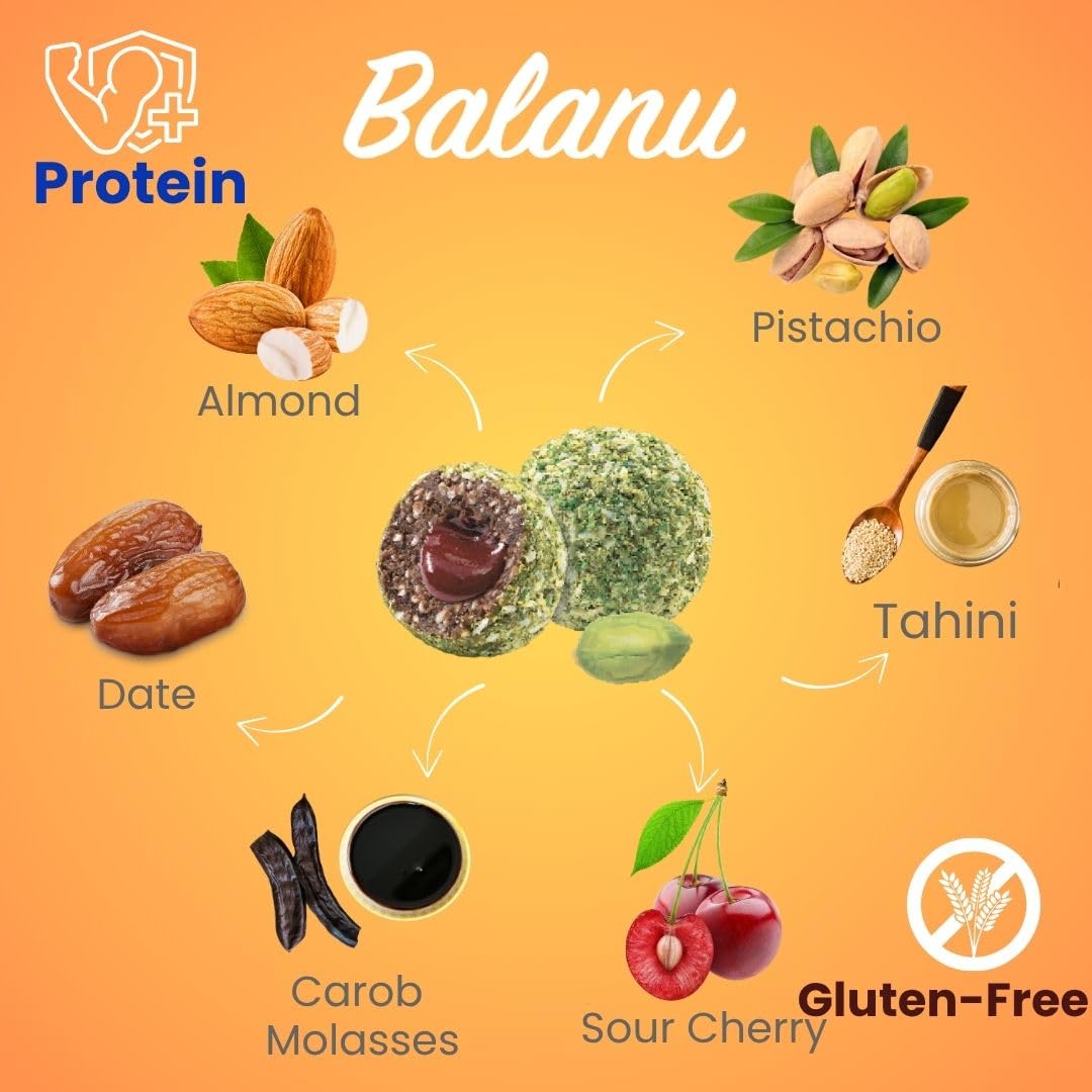 Balanu® Vegane Süßigkeiten | Pistazie & Sauerkirsche | 12 Pack | Perfekt vor oder nach dem Sport - Glutenfreie Süßigkeiten | Protein Balls | Laktosefreie Süßigkeiten – Protein Snack