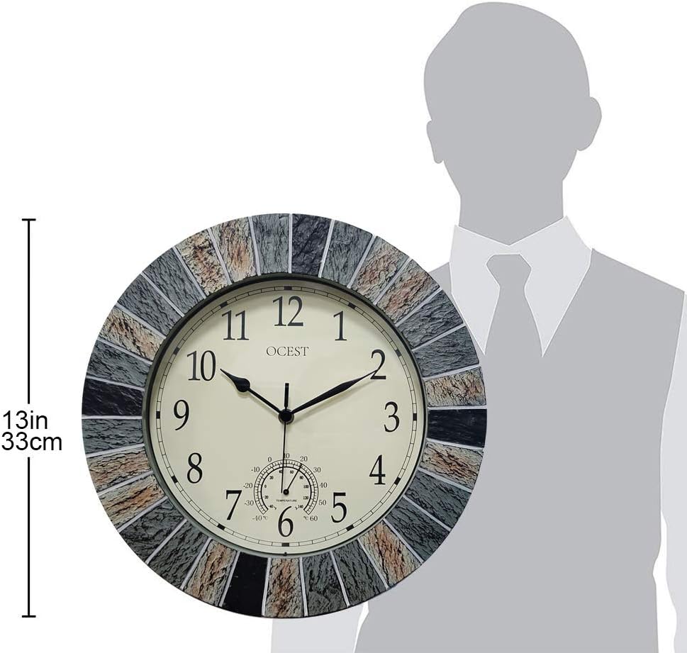 OCEST 13 Inch Large Outdoor Indoor Clock, Waterproof Wall Clock with Thermometer, Weather-Resistant Non-Ticking Battery Operated Decor for Patio, Pool, Lanai, Fence, Porch, Garden（Brown）