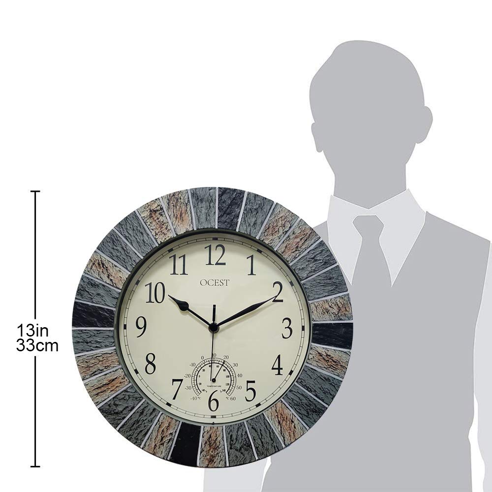 Ocest 13 Inch Large Outdoor Indoor Clock, Waterproof Wall Clock with Thermometer, Weather-Resistant Non-Ticking Battery Operated Decor Clock for Patio, Pool, Lanai, Fence, Porch, Garden,Bathroom