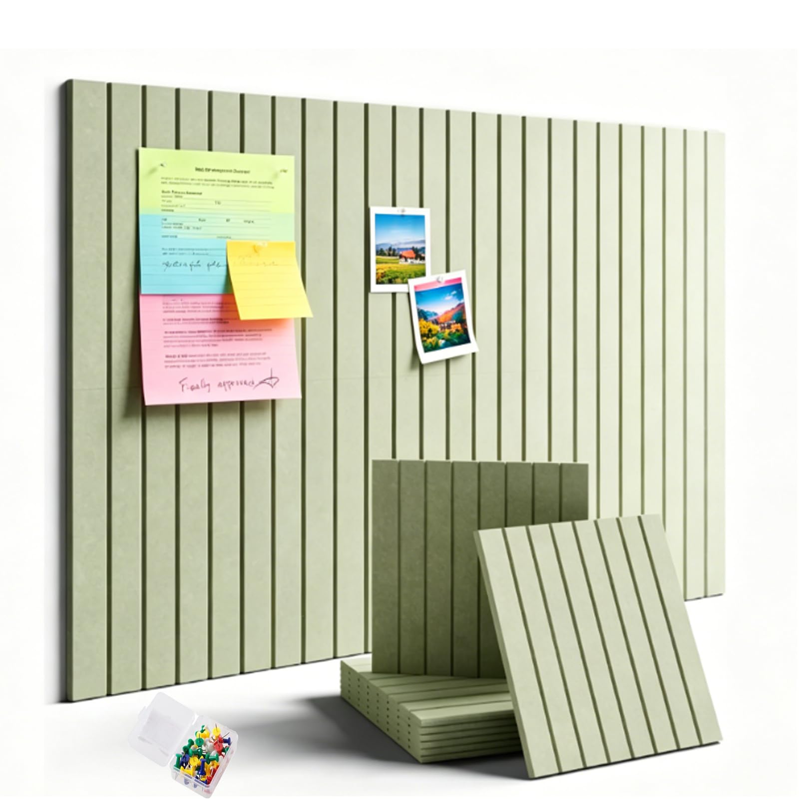 Oatmeal Felt Bulletin Board Tiles, 48"x36" Large Cork Board Alternative, 12-Pack Slat Wall Paneling for Office, with 30 Pushpins & 70 Adhesive Tabs (Sage, 6-Pack)