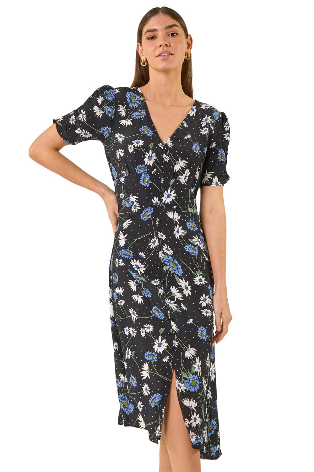 Roman Originals Women's Floral Black Swing Tea Dress Uk Skater Midi A Line Fit & Flare Summer Casual Smart Cocktail Party Going Out Work Cruise Button Through Long Pocket - Size 14