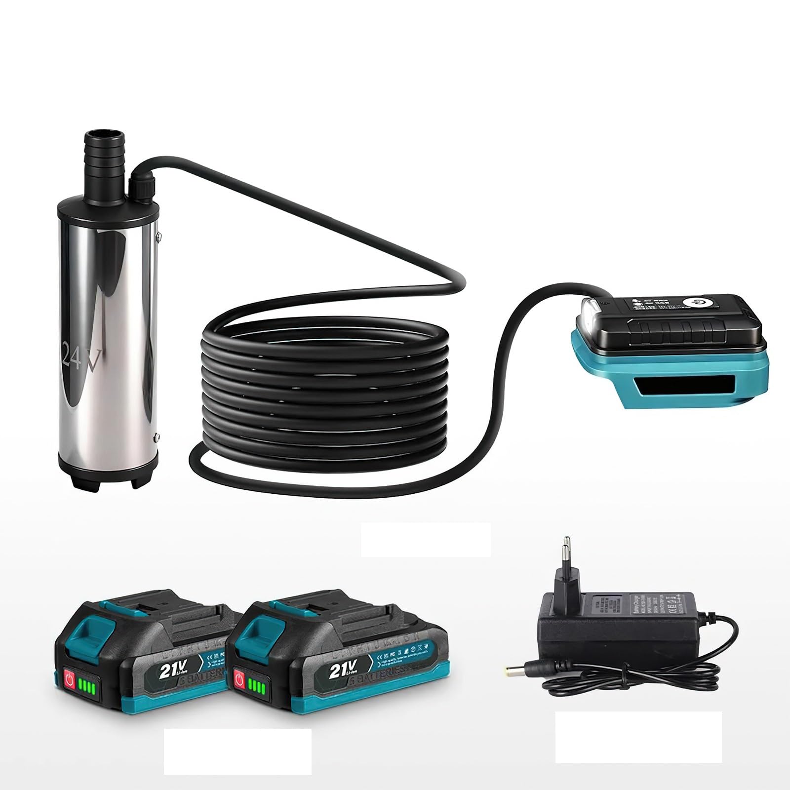 Pompe à eau à batterie, pompe à immersion à batterie – 60W, batterie (2×1500mAh) 18-21V, hauteur de refoulement 3-5 m, débit 50-80 l/min – portable pour diesel, kérosène, huile moteur, eau, alcool – 2