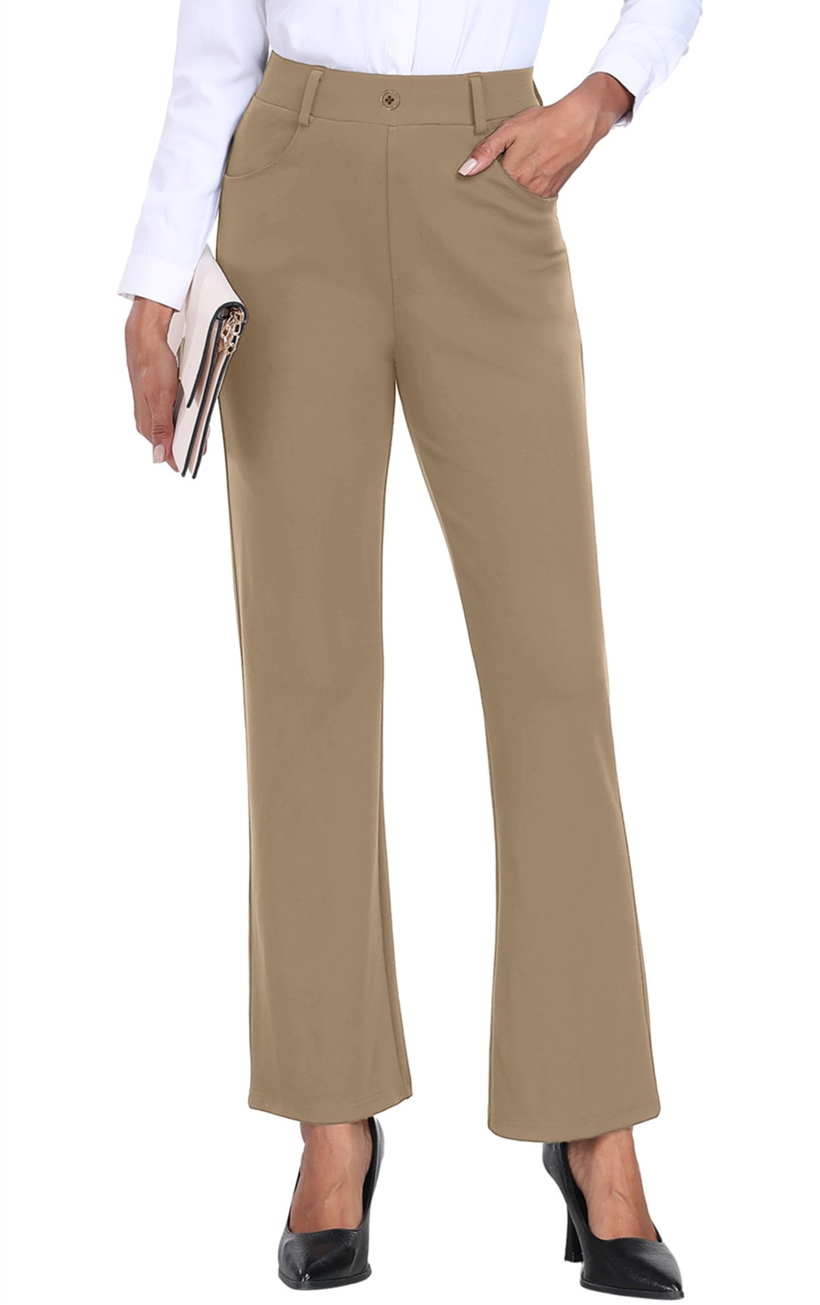 GRECERELLE Dames rekbare werk kantoor broek elastische taille rechte been casual voor vrouwen UK yoga broek met zakken, Lichtgrijs, L